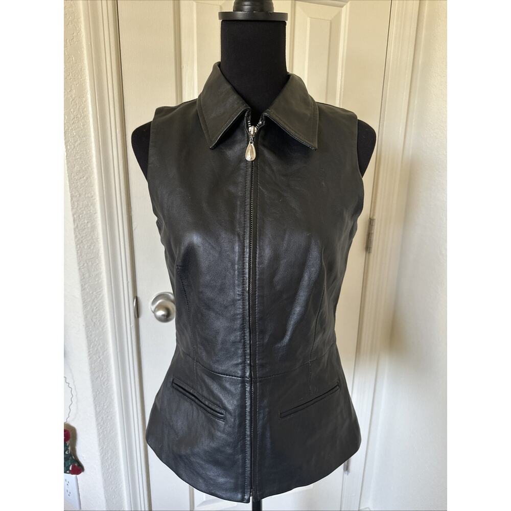 Margaret Godfrey Beautiful Black Leather Vest Zip Front Pockets Collared 6